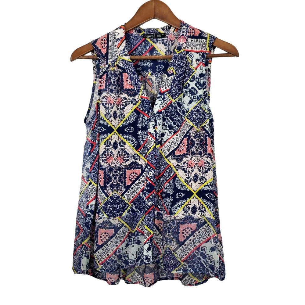 Gypsy 05 Silk Blouse Button Up Sleeveless Print - XS